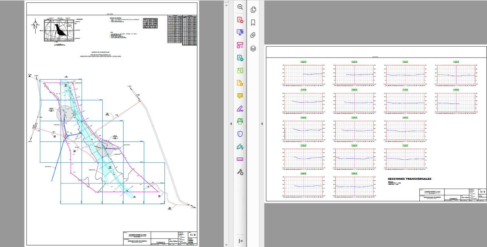 Planos de diseño con perfiles, secciones y detalles constructivos